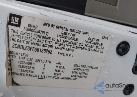 2006 Chevrolet Equinox Lt из США, поврежденный, VIN 2CNDL63F666138262